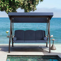 3-Seat Outdoor Porch Swing with Cup Holders. Adjustable Canopy and Backrest for Patio Garden Deck. Blue