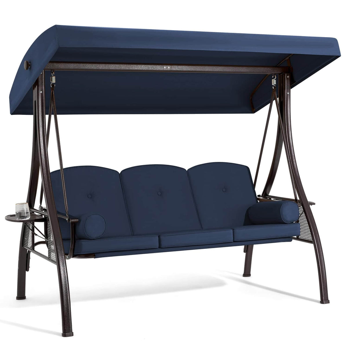 3-Seat Outdoor Porch Swing with Cup Holders. Adjustable Canopy and Backrest for Patio Garden Deck. Blue