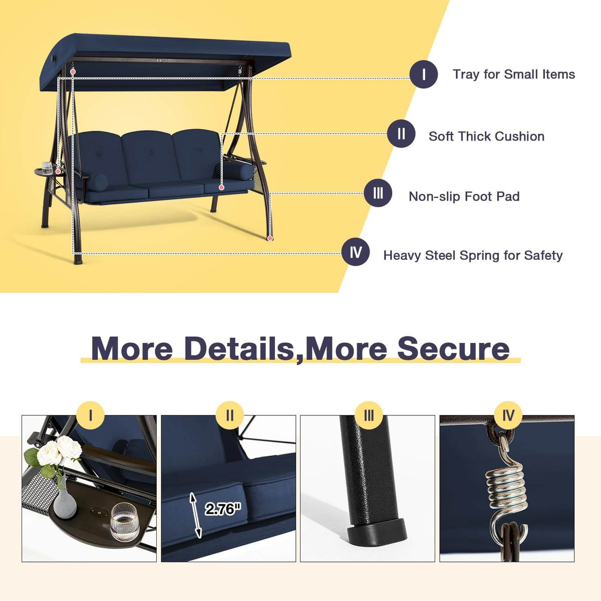 3-Seat Outdoor Porch Swing with Cup Holders. Adjustable Canopy and Backrest for Patio Garden Deck. Blue