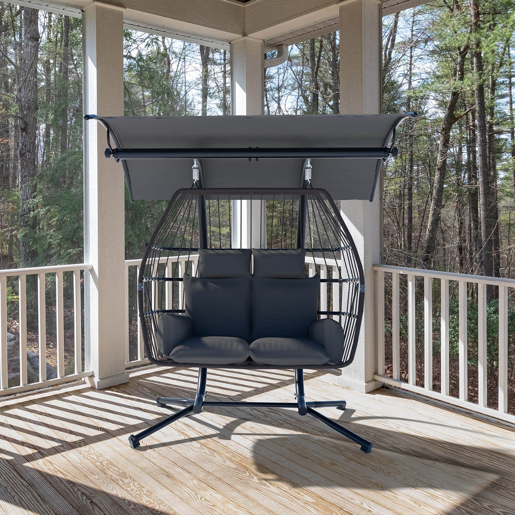 2 Person Egg Chair. Porch Swing with Canopy. Freestanding with Steel Stand Grey