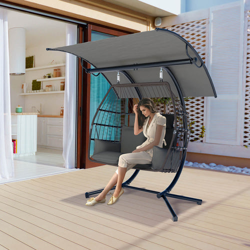 2 Person Egg Chair. Porch Swing with Canopy. Freestanding with Steel Stand Grey