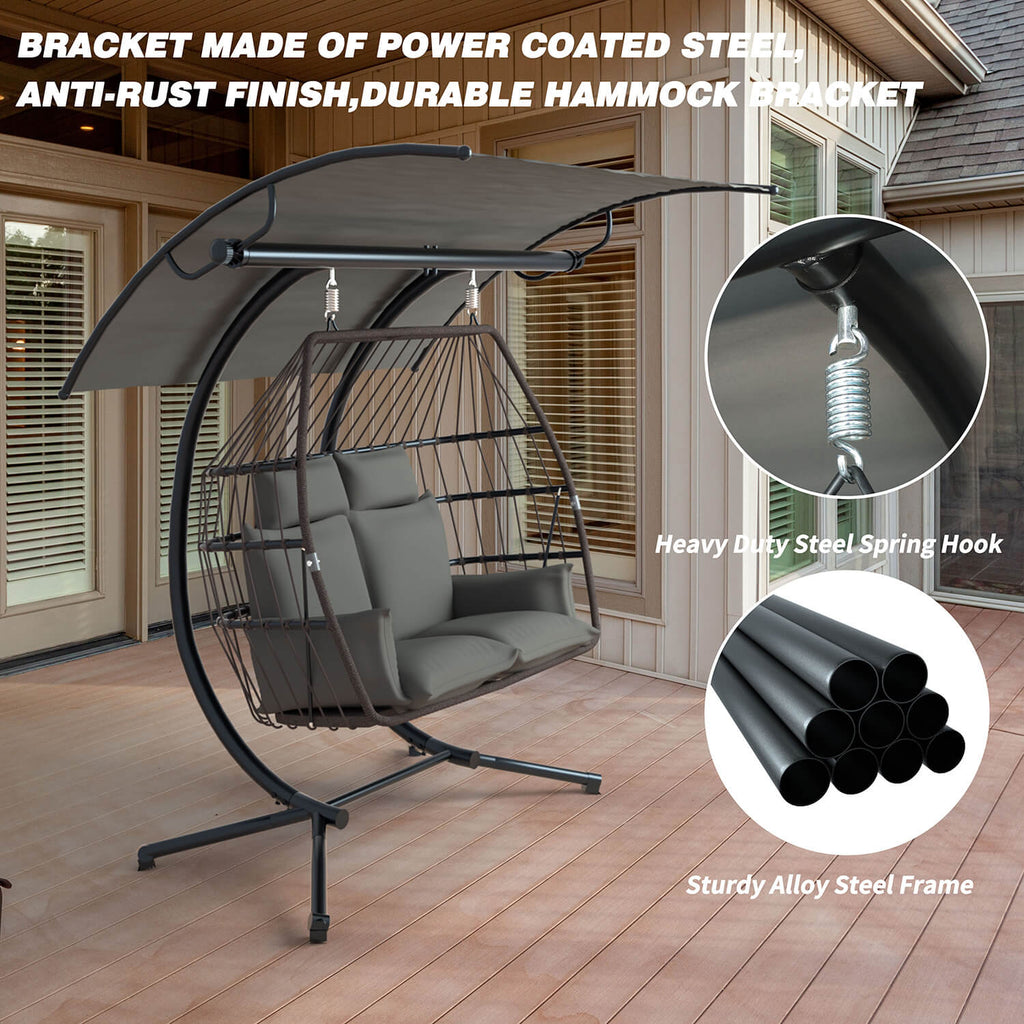 2 Person Egg Chair. Porch Swing with Canopy. Freestanding with Steel Stand Grey