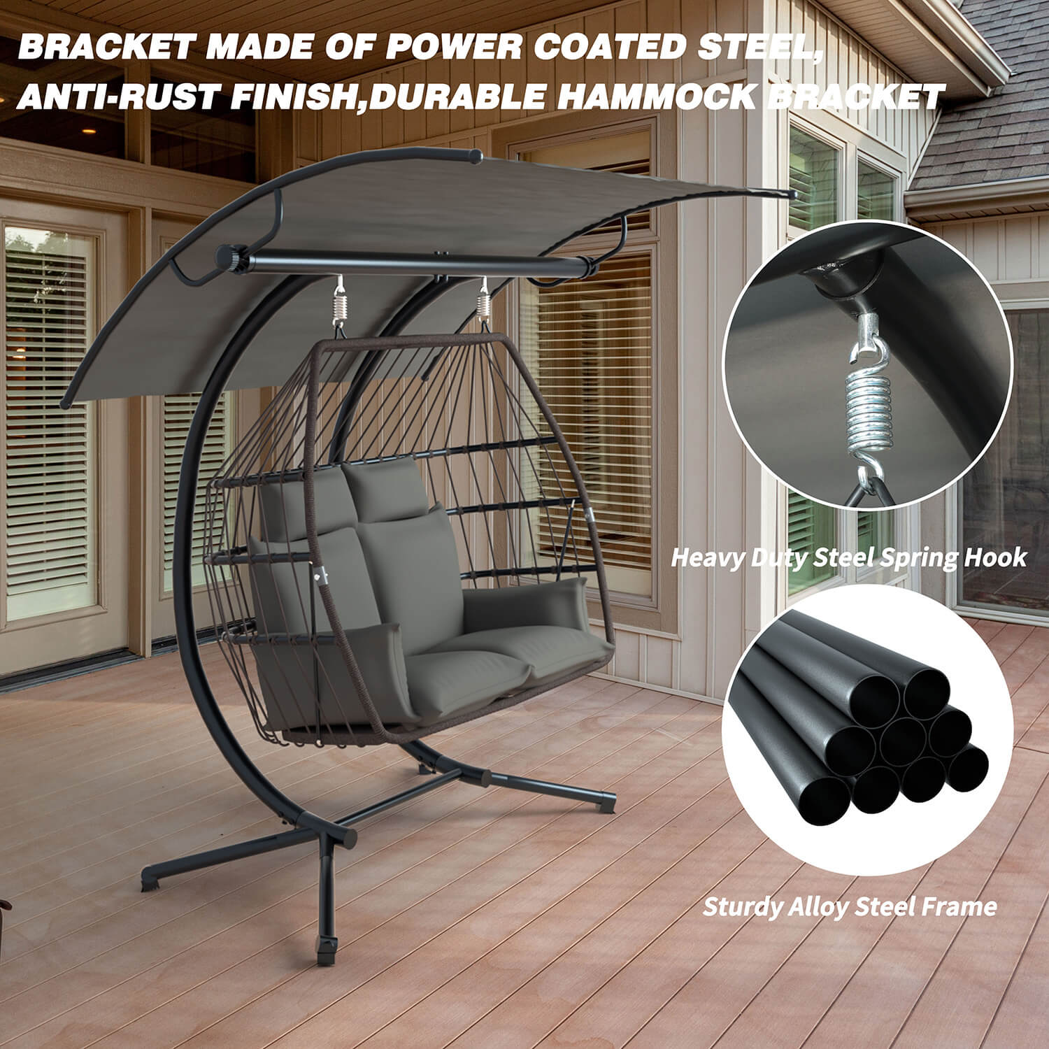 2 Person Egg Chair. Porch Swing with Canopy. Freestanding with Steel Stand Grey