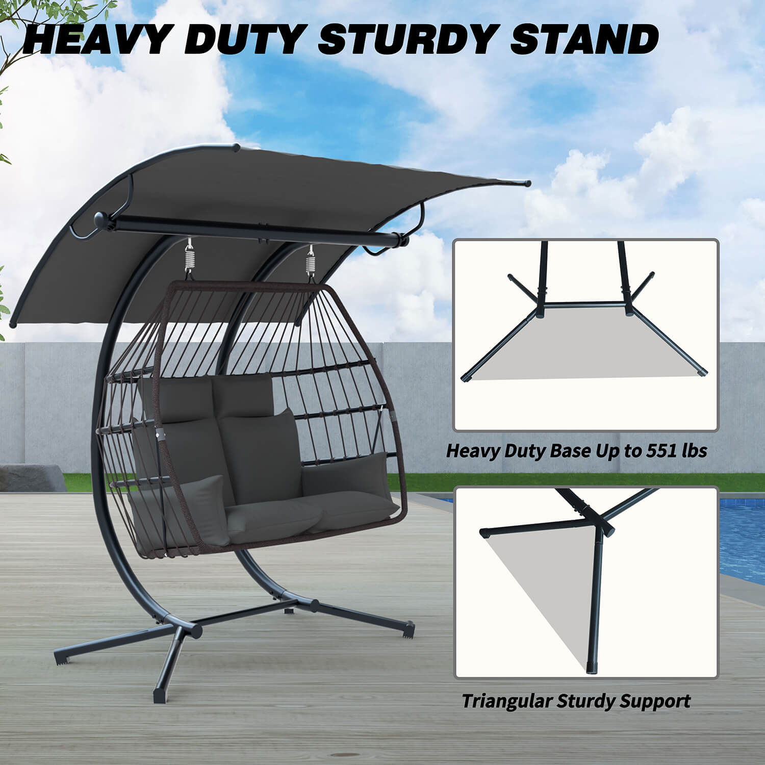 2 Person Egg Chair. Porch Swing with Canopy. Freestanding with Steel Stand Grey