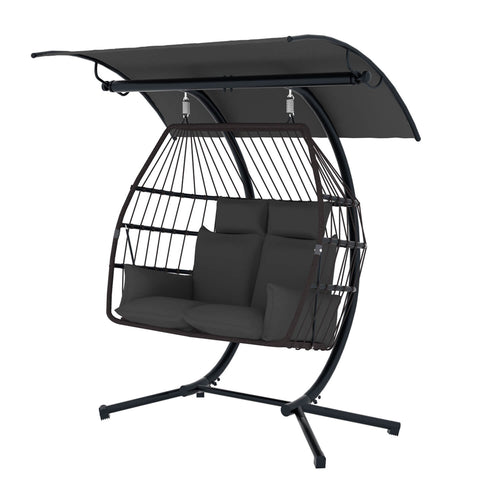 2 Person Egg Chair. Porch Swing with Canopy. Freestanding with Steel Stand Grey