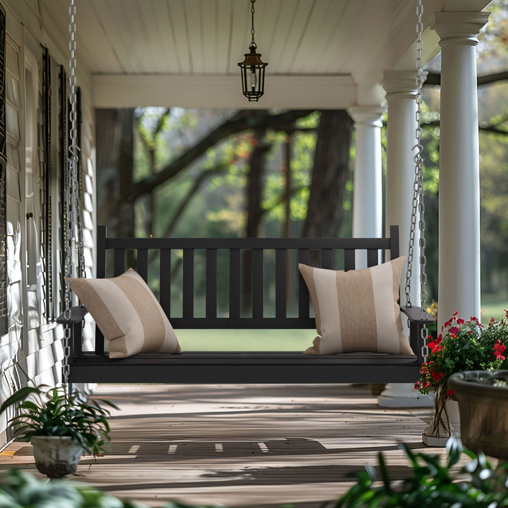 Outdoor Swing Bench for Porch. 2-Person Wood Hanging Swing with Heavy Duty Chains