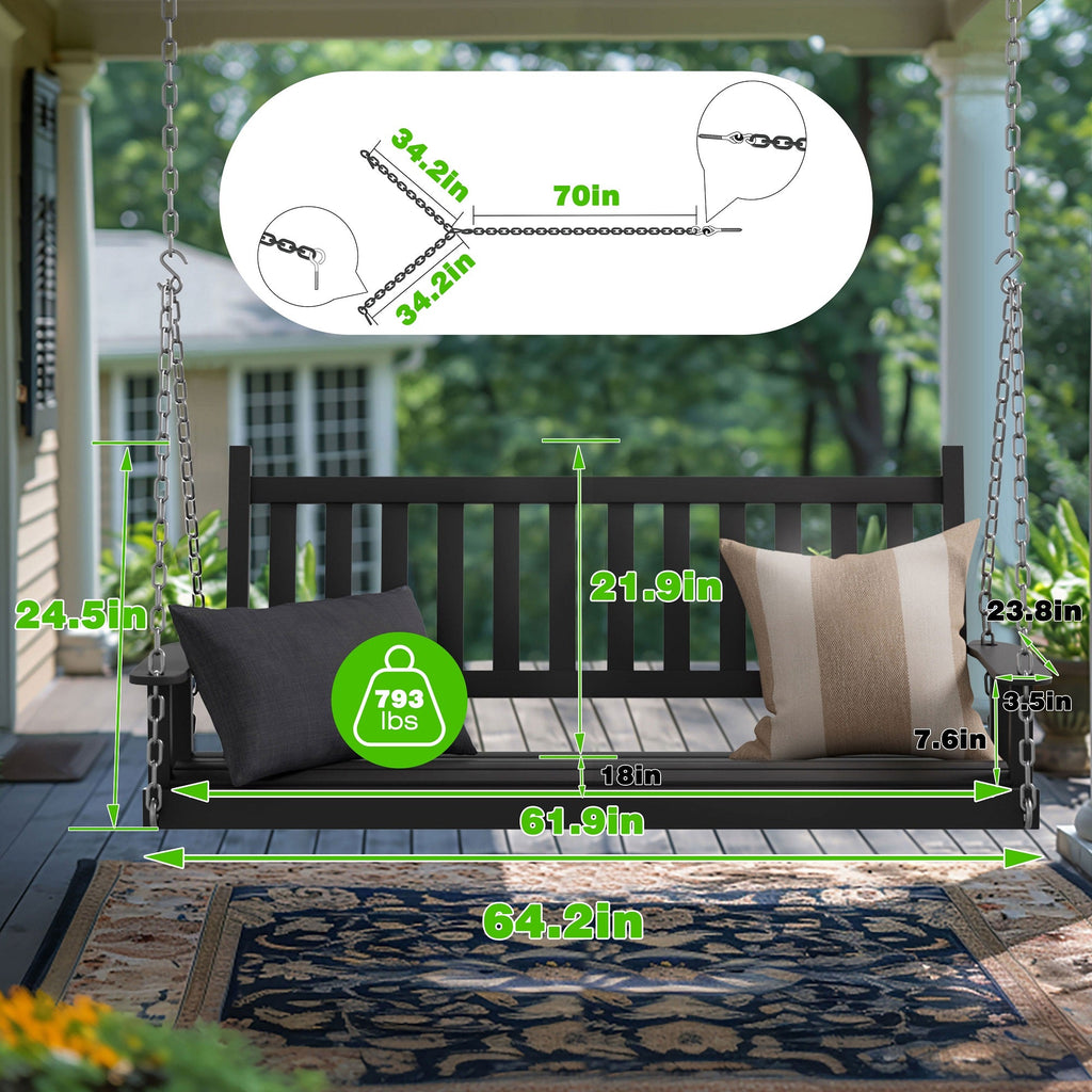 Outdoor Swing Bench for Porch. 2-Person Wood Hanging Swing with Heavy Duty Chains