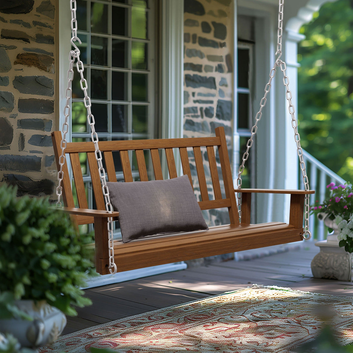 Outdoor Swing Bench for Porch. 2-Person Wood Hanging Swing with Heavy Duty Chains