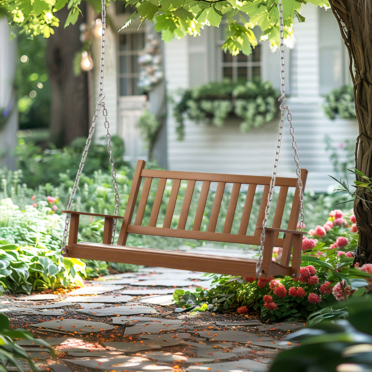 Outdoor Swing Bench for Porch. 2-Person Wood Hanging Swing with Heavy Duty Chains