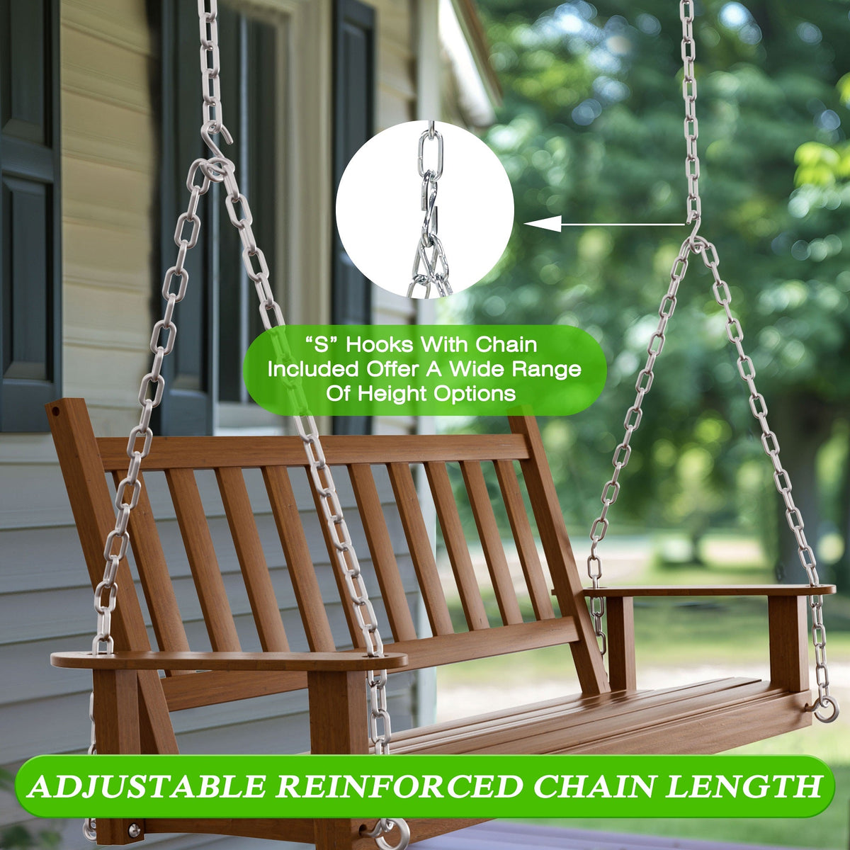 Outdoor Swing Bench for Porch. 2-Person Wood Hanging Swing with Heavy Duty Chains