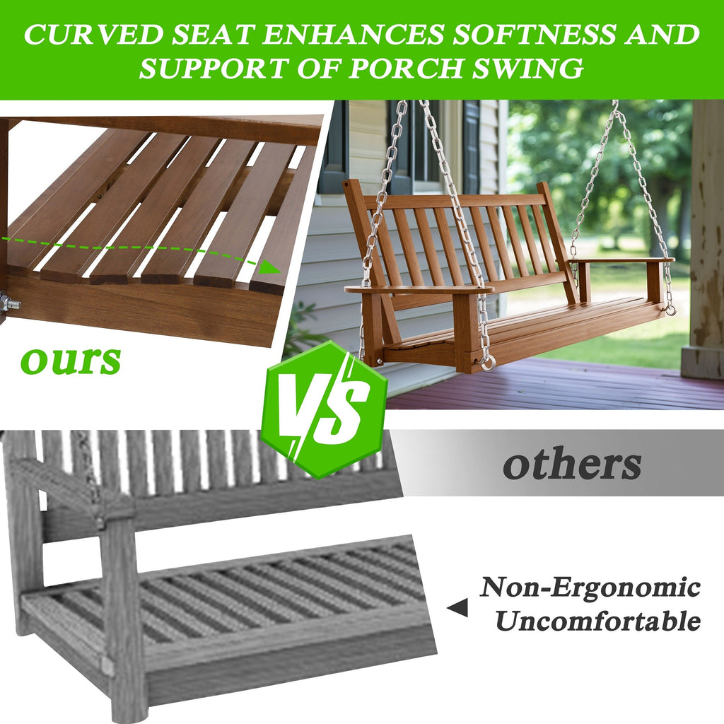Outdoor Swing Bench for Porch. 2-Person Wood Hanging Swing with Heavy Duty Chains