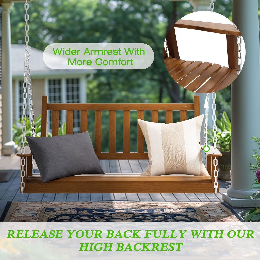 Outdoor Swing Bench for Porch. 2-Person Wood Hanging Swing with Heavy Duty Chains