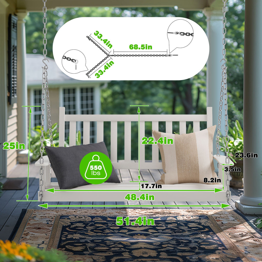 Outdoor Swing Bench for Porch. 2-Person Wood Hanging Swing with Heavy Duty Chains
