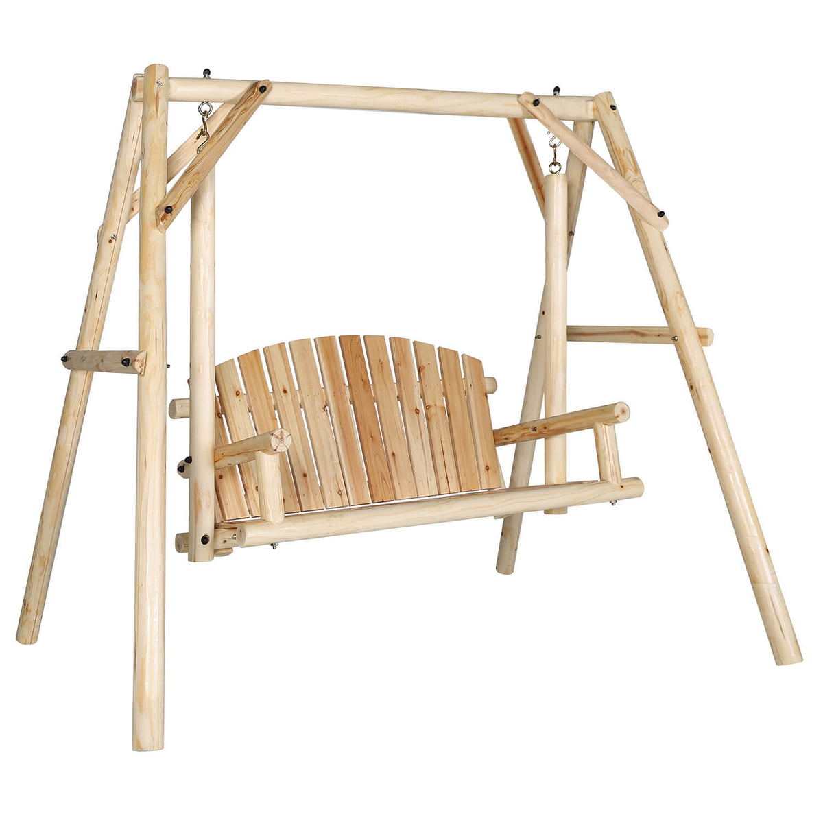 Wooden Outdoor Swing. Porch Swing with Stand. 2 Person Log Bench Chair with Curved Back
