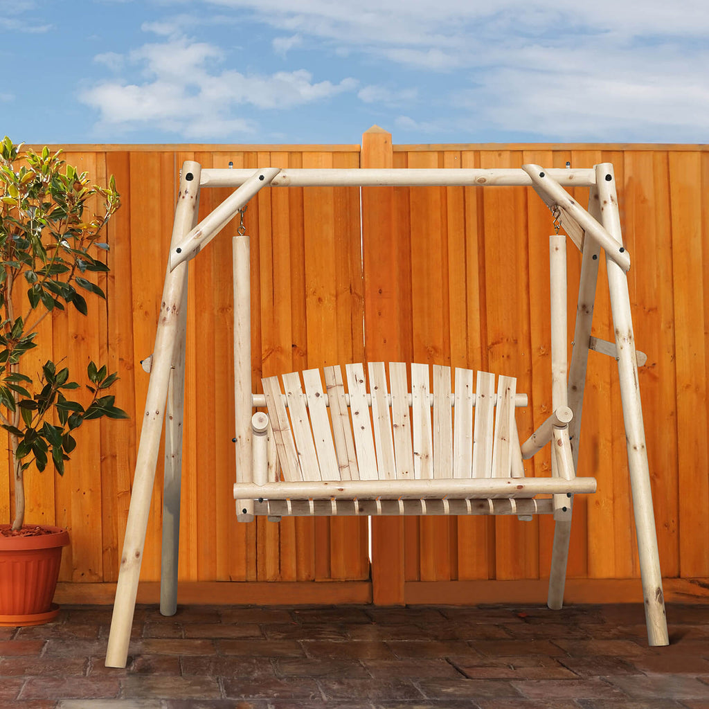 Wooden Outdoor Swing. Porch Swing with Stand. 2 Person Log Bench Chair with Curved Back
