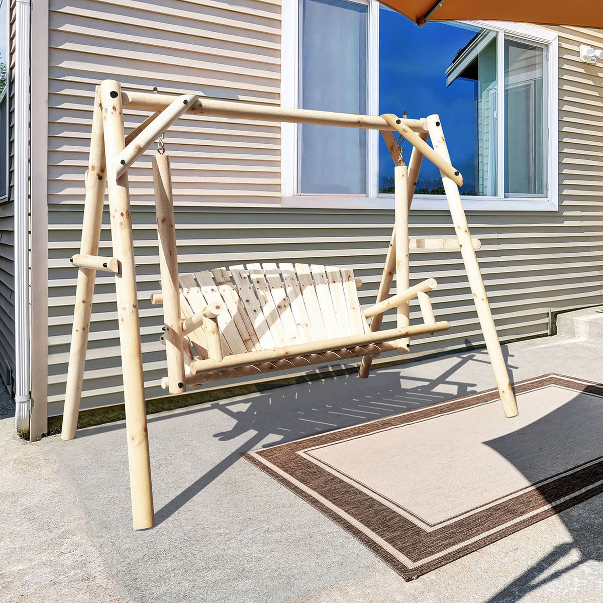 Wooden Outdoor Swing. Porch Swing with Stand. 2 Person Log Bench Chair with Curved Back