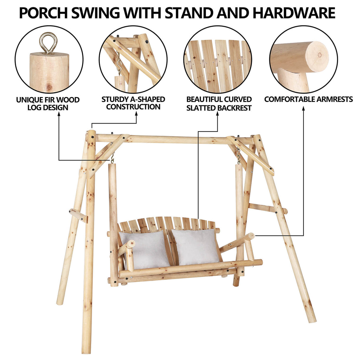 Wooden Outdoor Swing. Porch Swing with Stand. 2 Person Log Bench Chair with Curved Back