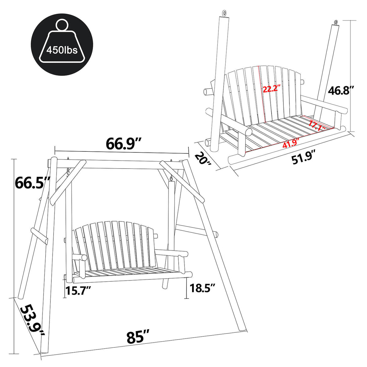 Wooden Outdoor Swing. Porch Swing with Stand. 2 Person Log Bench Chair with Curved Back
