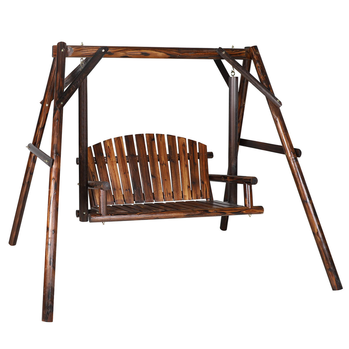 Wooden Outdoor Swing. Porch Swing with Stand. 2 Person Log Bench Chair with Curved Back