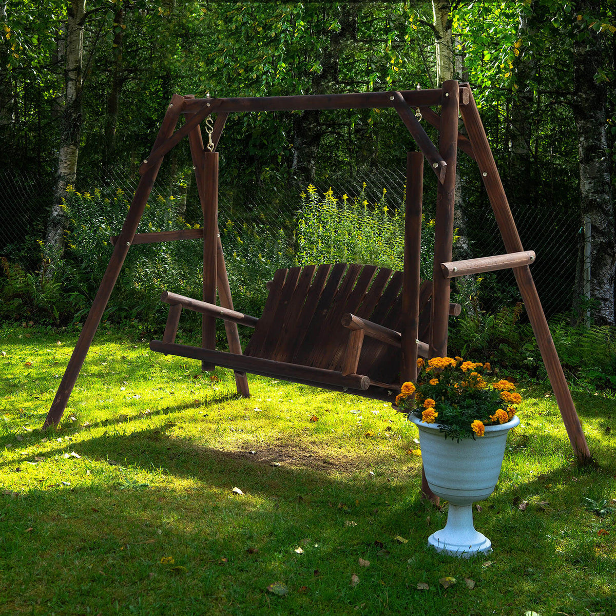 Wooden Outdoor Swing. Porch Swing with Stand. 2 Person Log Bench Chair with Curved Back