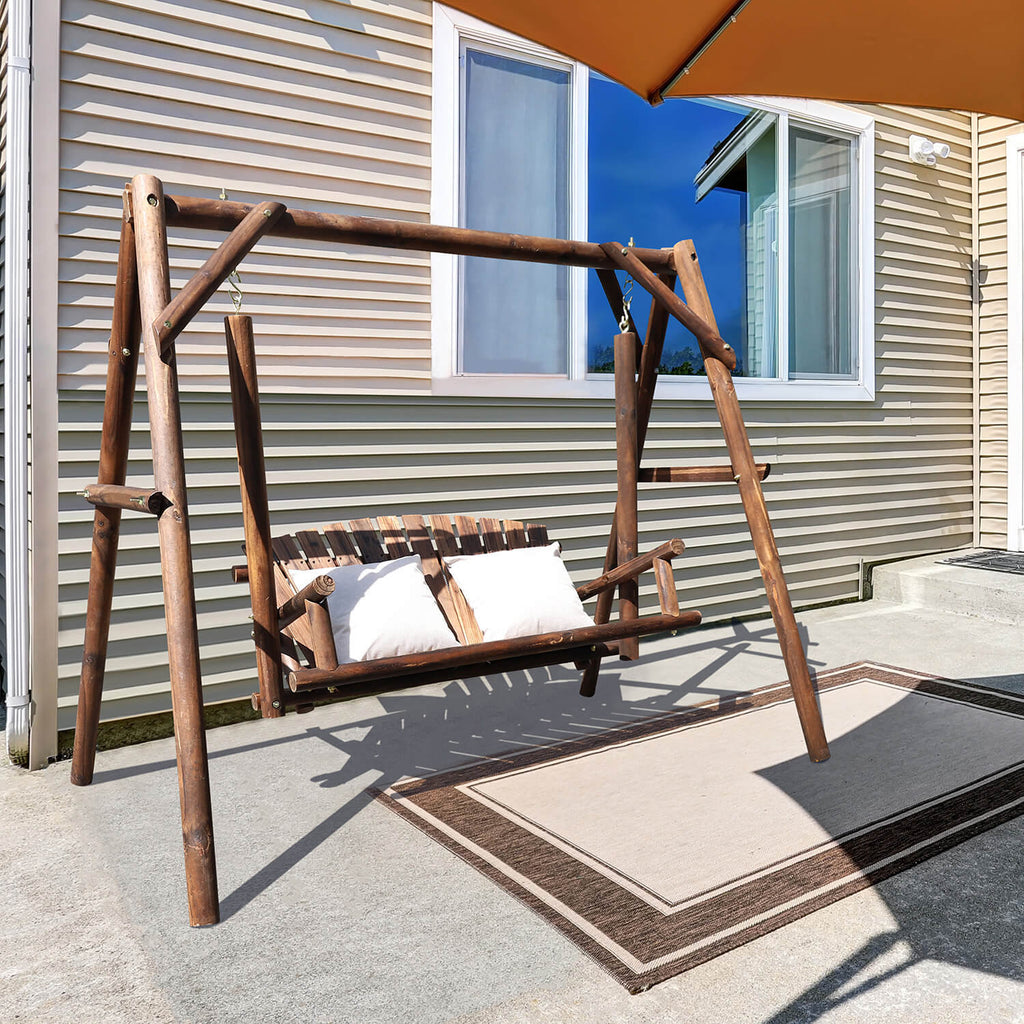 Wooden Outdoor Swing. Porch Swing with Stand. 2 Person Log Bench Chair with Curved Back