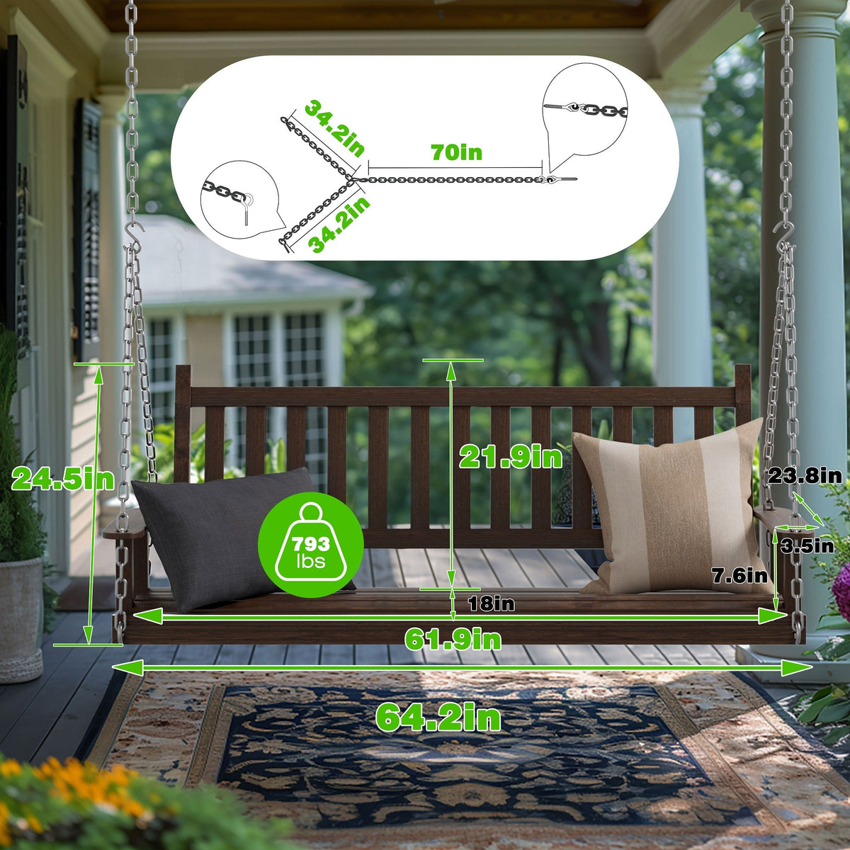 Outdoor Swing Bench for Porch. 2-Person Wood Hanging Swing with Heavy Duty Chains