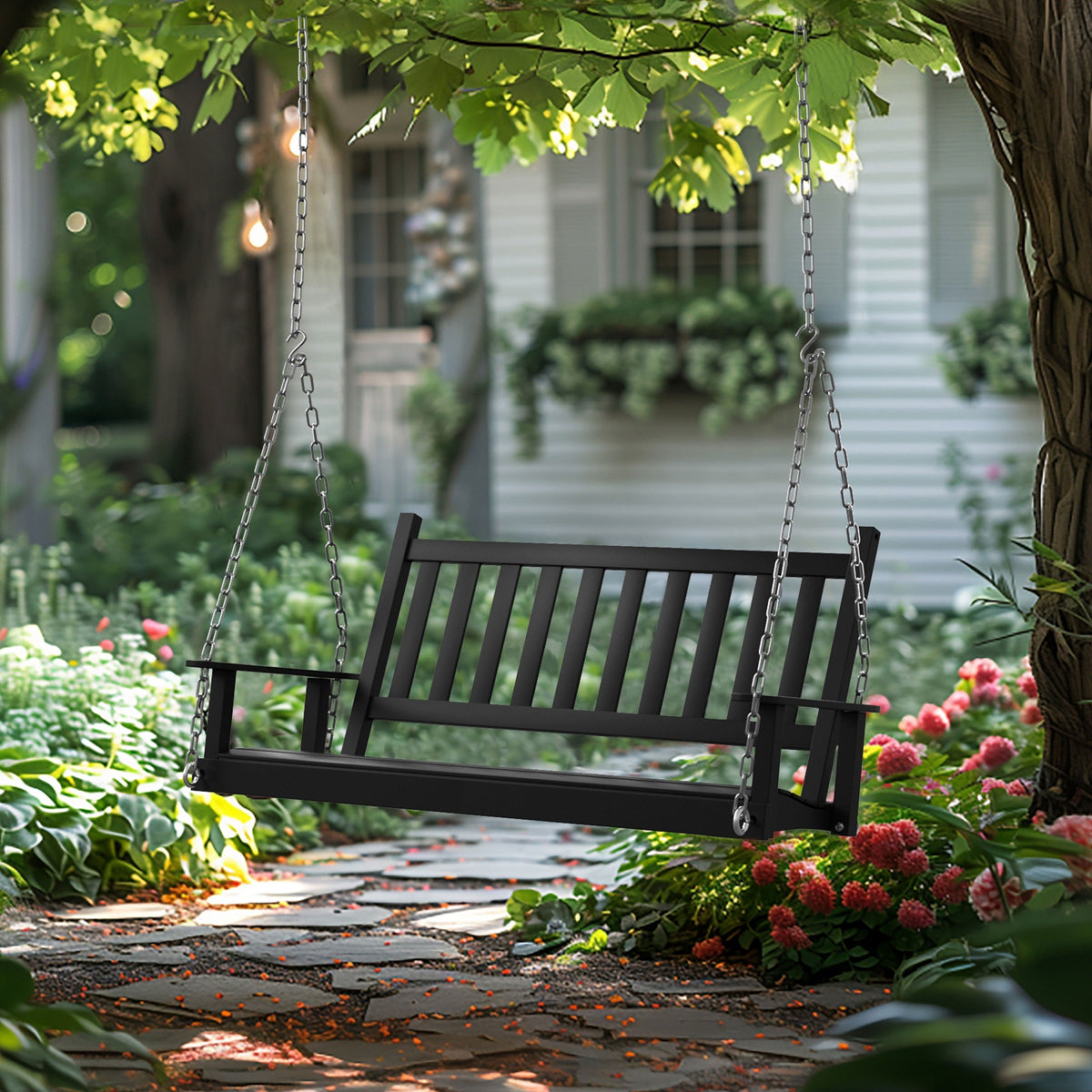 Outdoor Swing Bench for Porch. 2-Person Wood Hanging Swing with Heavy Duty Chains