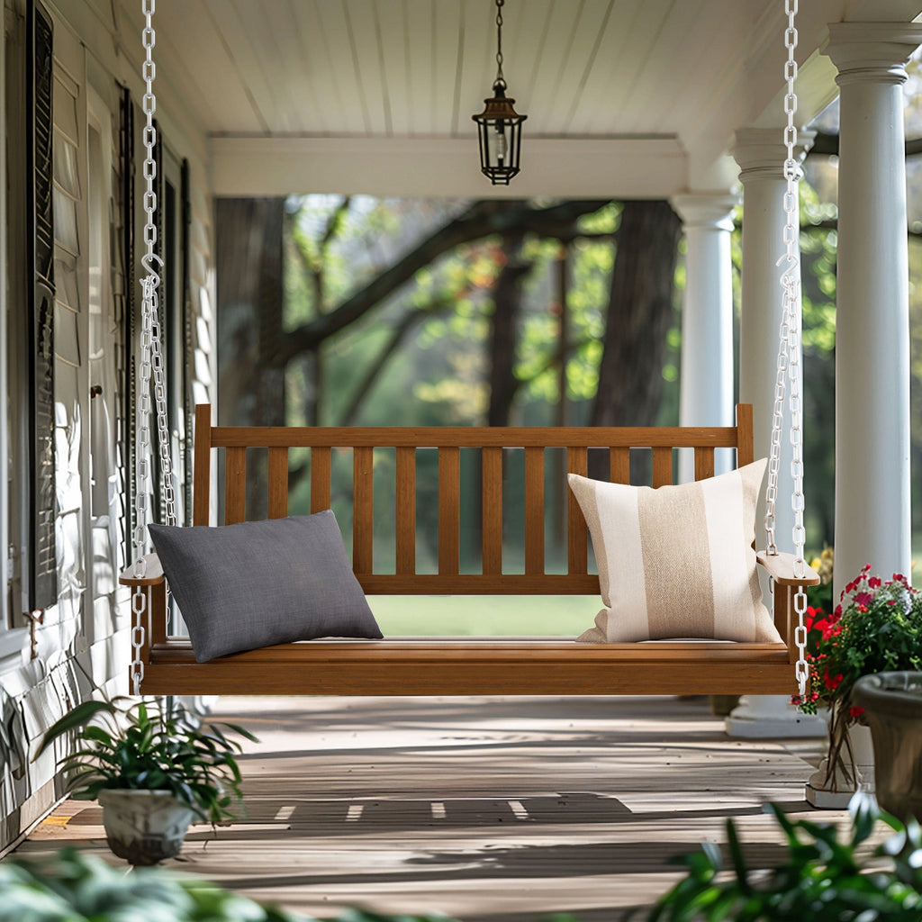 Outdoor Swing Bench for Porch. 2-Person Wood Hanging Swing with Heavy Duty Chains