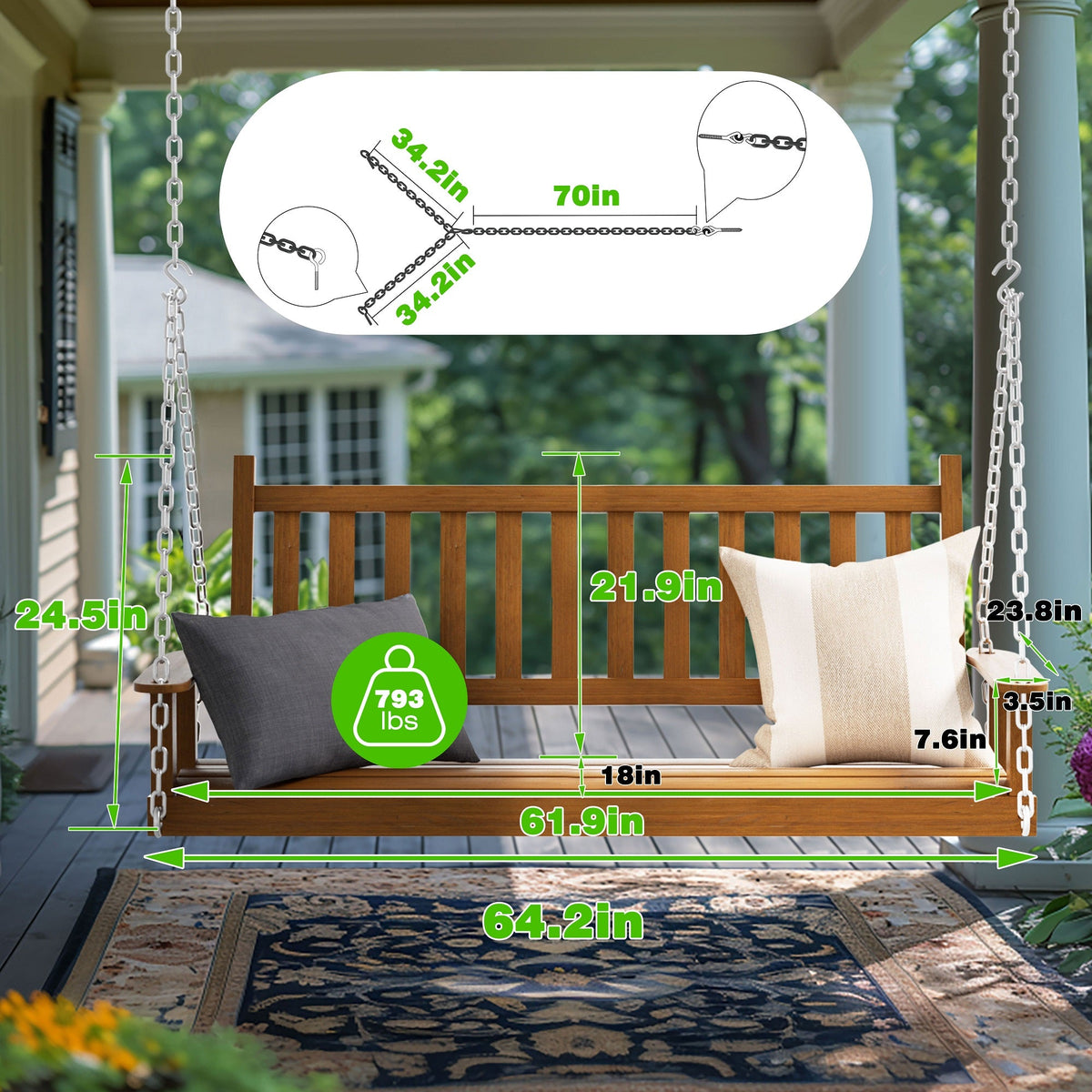 Outdoor Swing Bench for Porch. 2-Person Wood Hanging Swing with Heavy Duty Chains