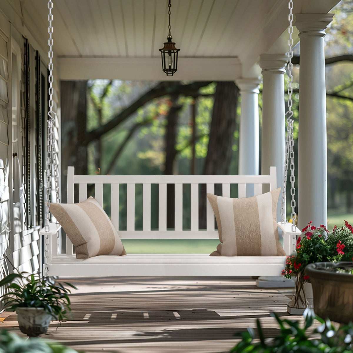Outdoor Swing Bench for Porch. 2-Person Wood Hanging Swing with Heavy Duty Chains