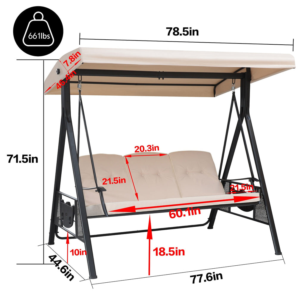 Patio Swing Chair with Canopy. Swing Seat for Adults. 3-person Swing with Removable Cushion