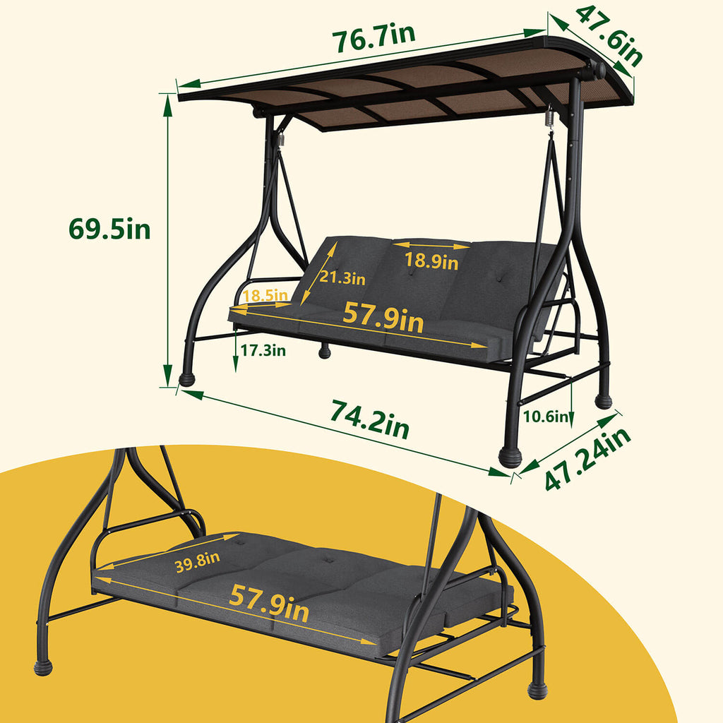 3 Person Swing with PC Hardtop Canopy. Outdoor 3 Seater
