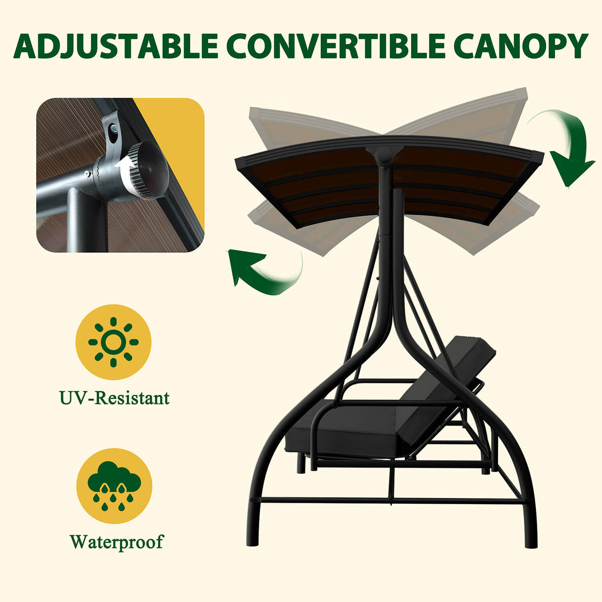 3 Person Swing with PC Hardtop Canopy. Outdoor 3 Seater