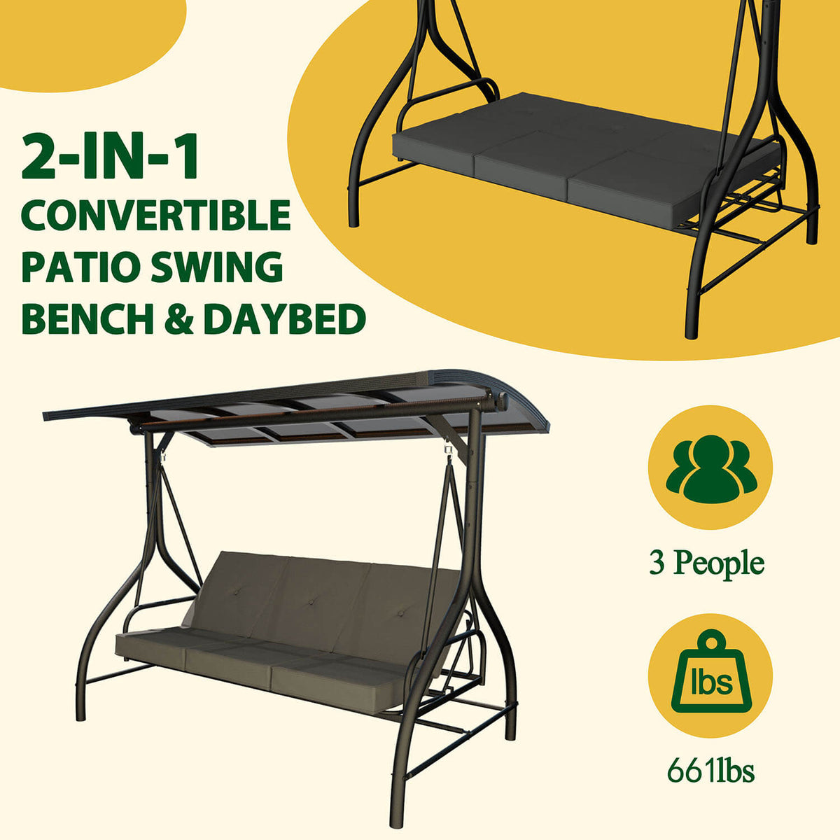 3 Person Swing with PC Hardtop Canopy. Outdoor 3 Seater