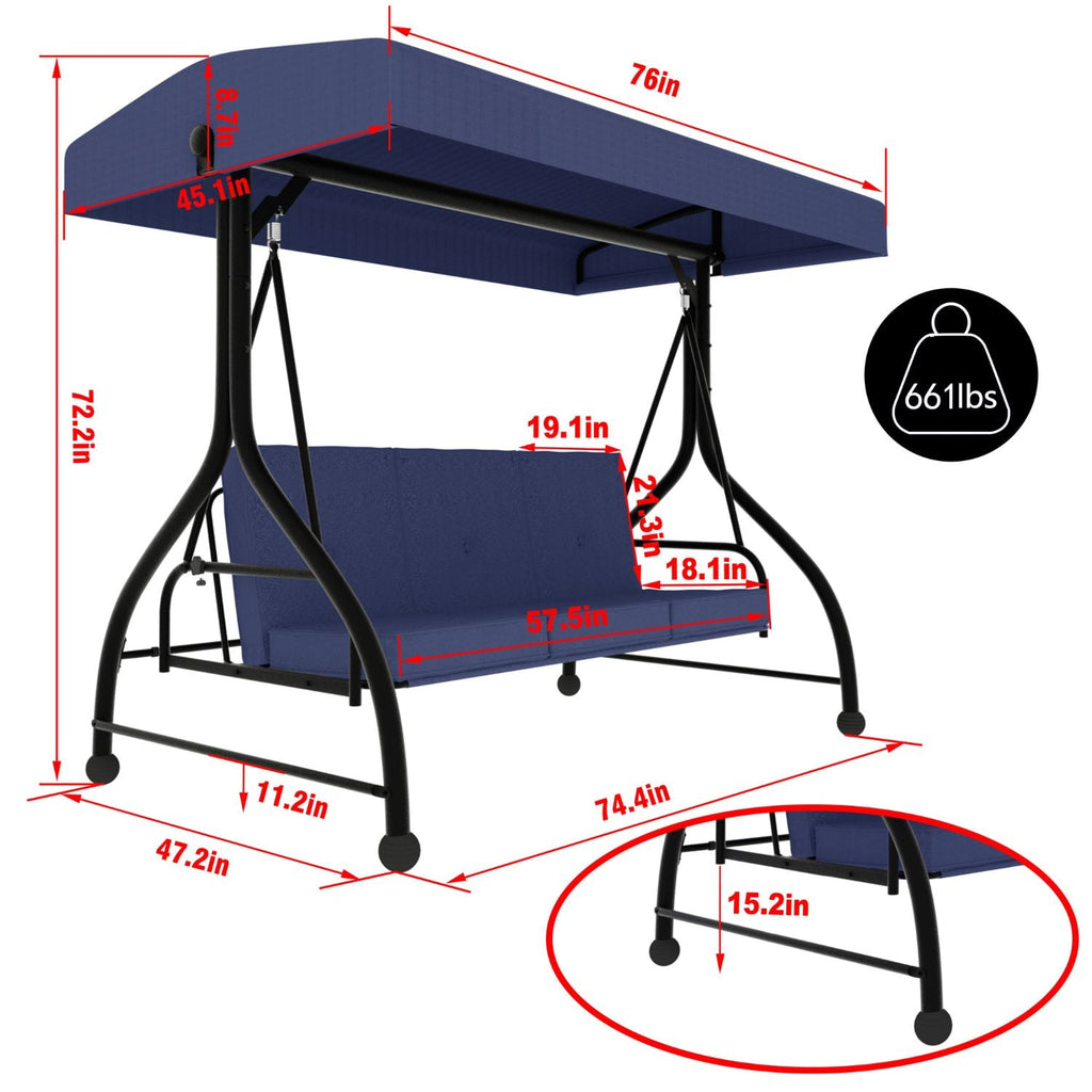 3 Person Patio Swing. Porch Swing Chair. Outdoor Canopy Swing with Stand and Cushions