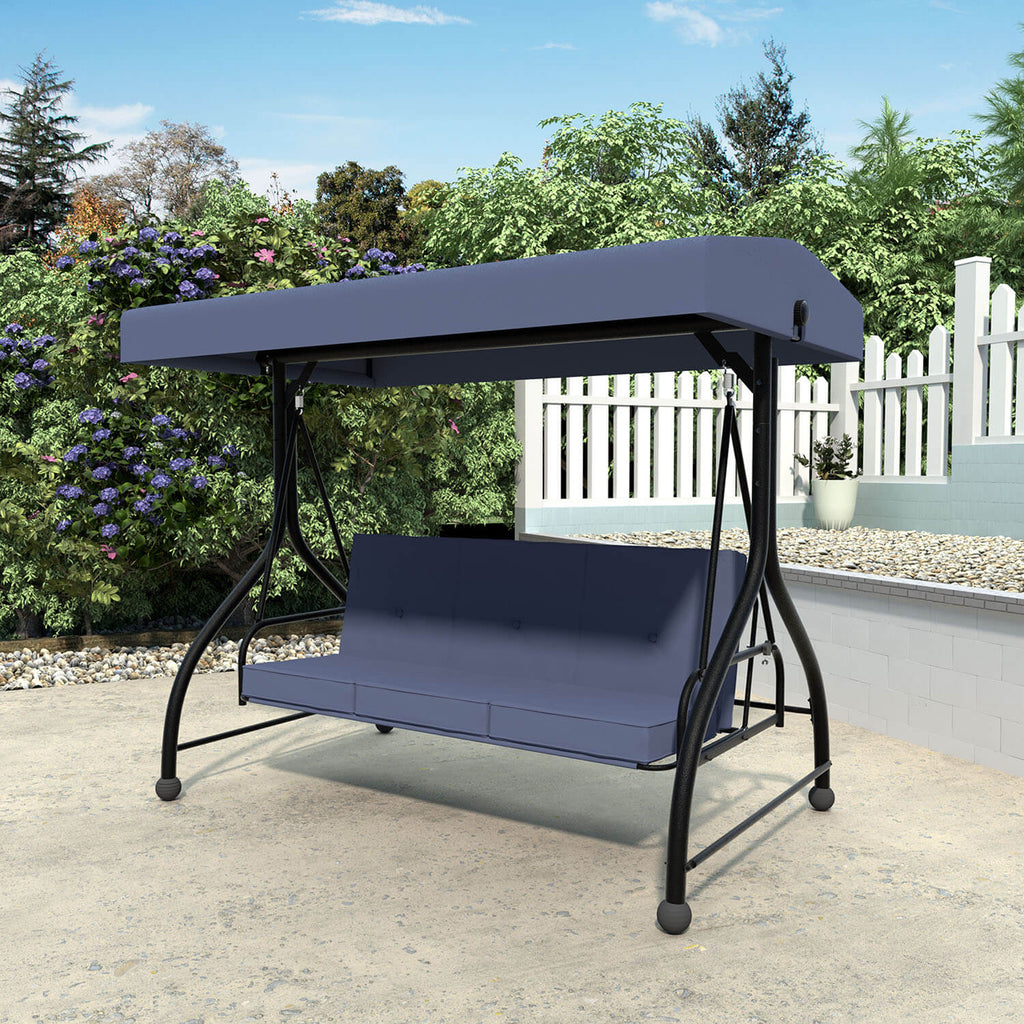 3 Person Patio Swing. Porch Swing Chair. Outdoor Canopy Swing with Stand and Cushions
