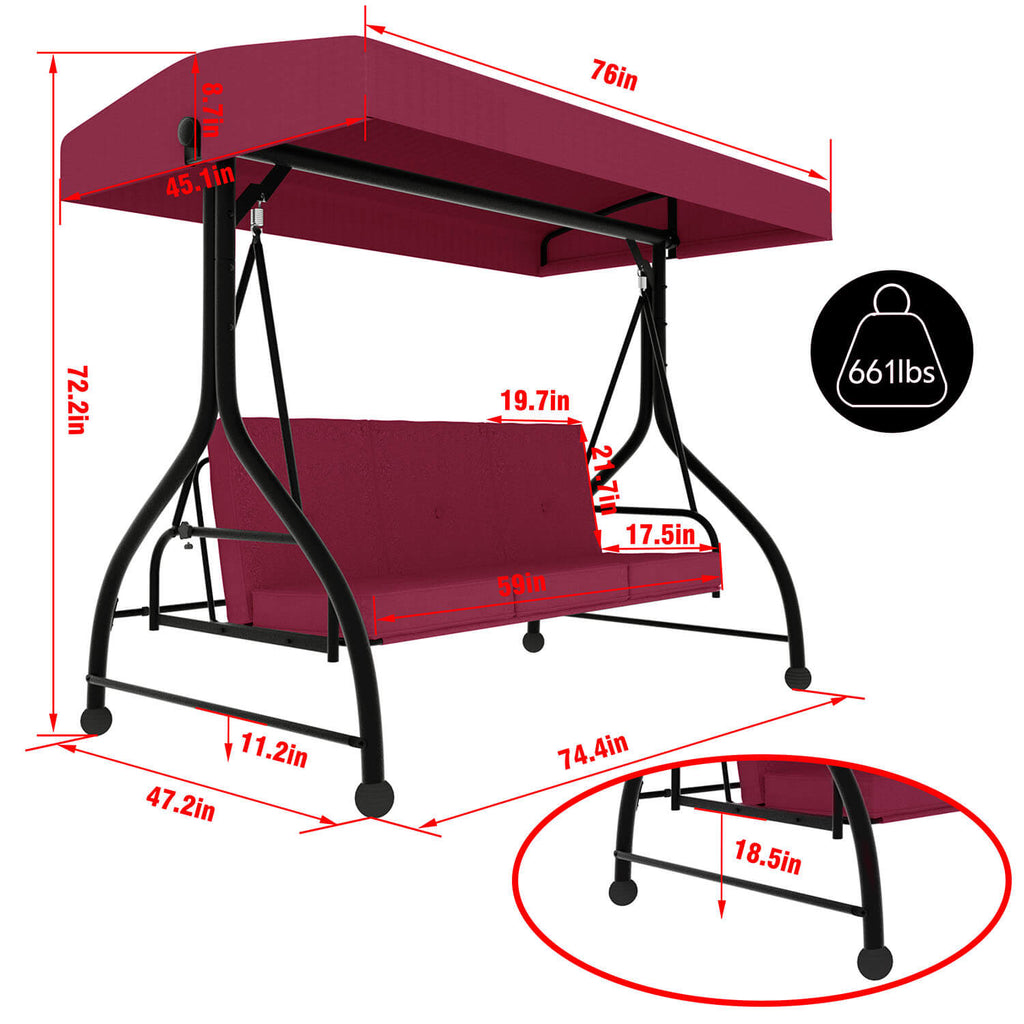 3 Person Patio Swing. Porch Swing Chair. Outdoor Canopy Swing with Stand and Cushions