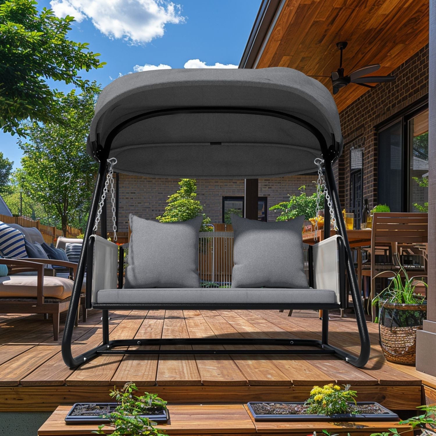 2 Person Porch Swing with Stand. Patio Swing Chair with Adjustable Canopy. Comfort Cushion