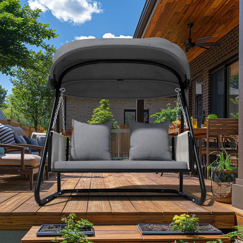 2 Person Porch Swing with Stand. Patio Swing Chair with Adjustable Canopy. Comfort Cushion
