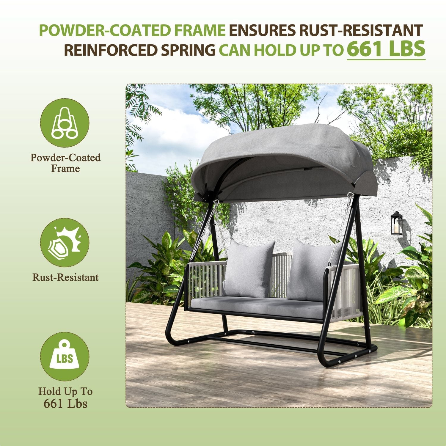 2 Person Porch Swing with Stand. Patio Swing Chair with Adjustable Canopy. Comfort Cushion
