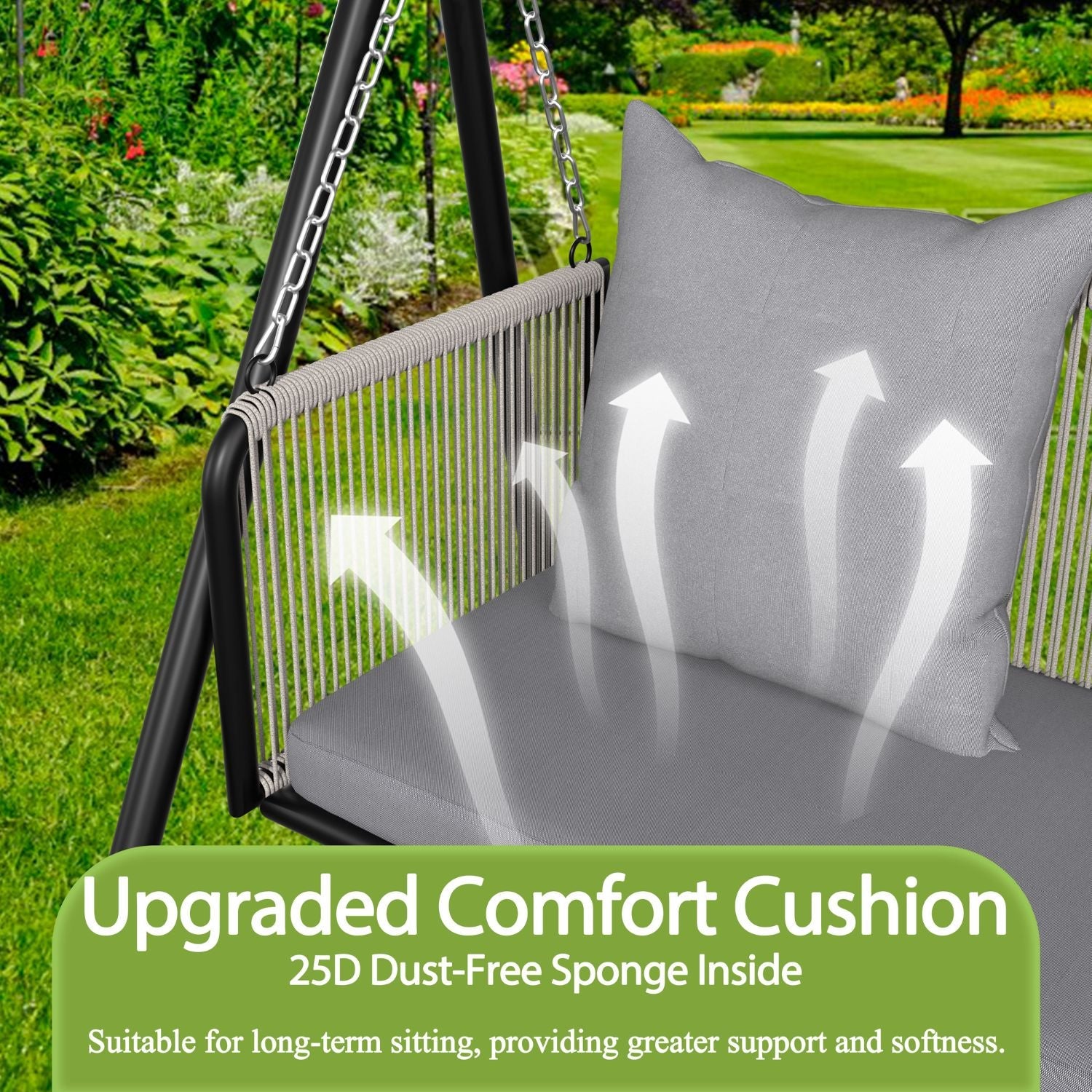 2 Person Porch Swing with Stand. Patio Swing Chair with Adjustable Canopy. Comfort Cushion