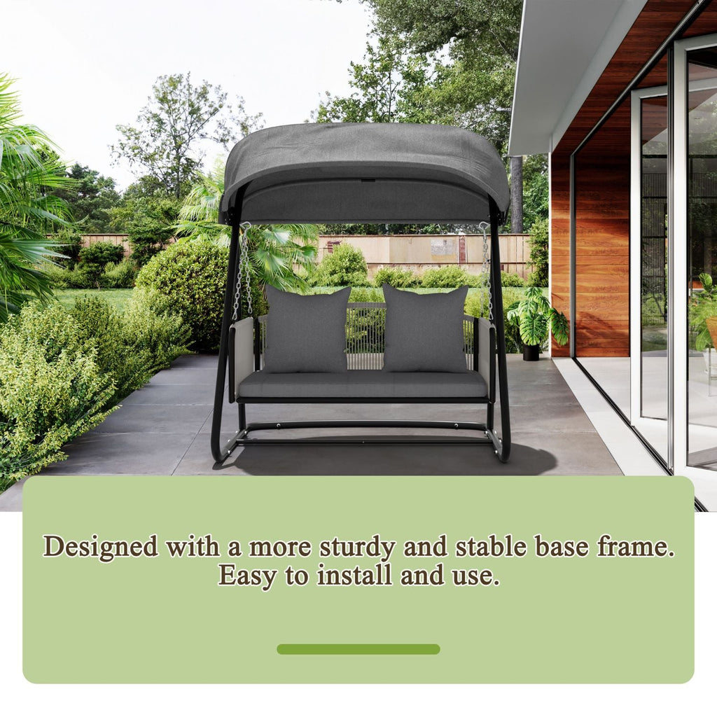 2 Person Porch Swing with Stand. Patio Swing Chair with Adjustable Canopy. Comfort Cushion