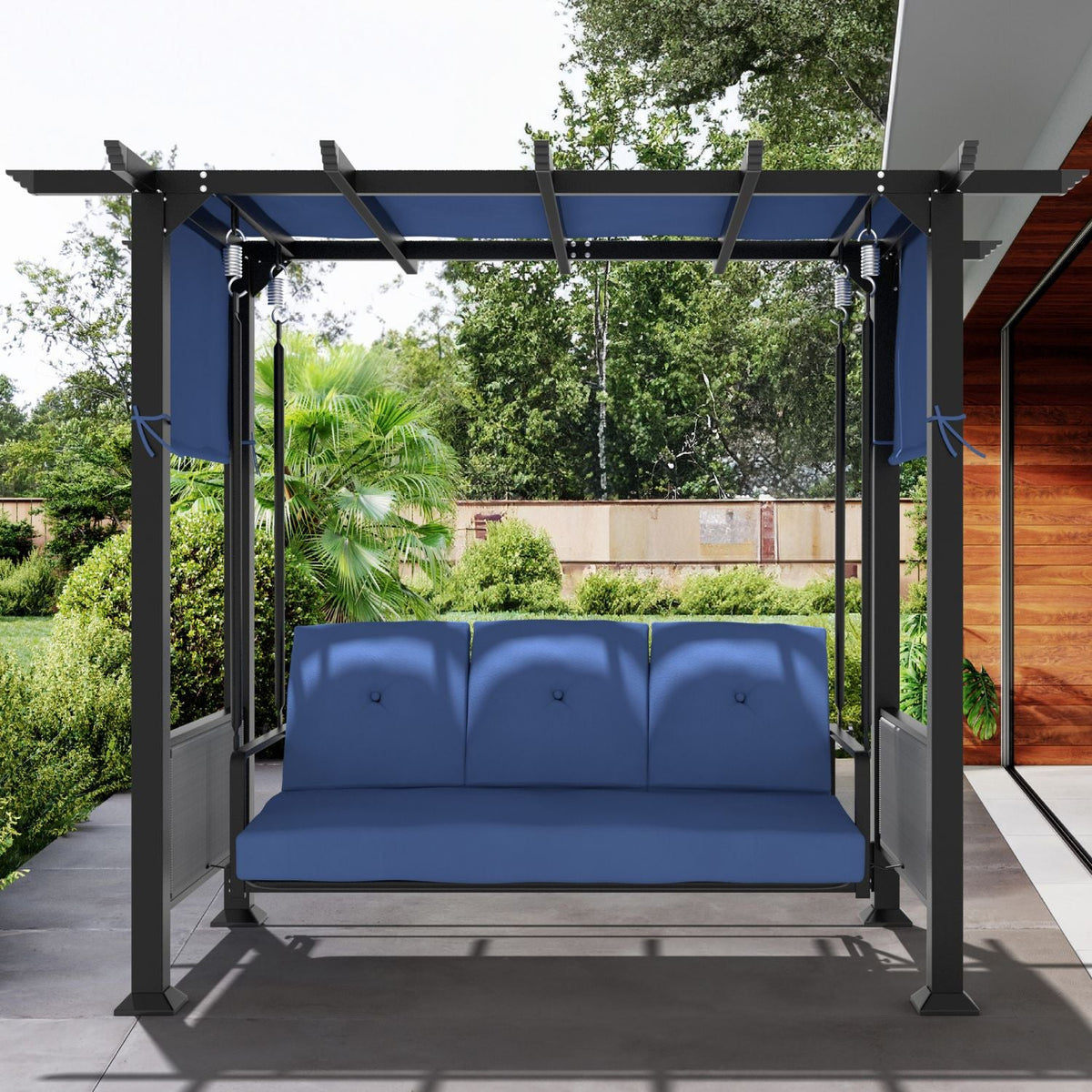 Pergola Swing Chair for 3. Outdoor Swing Bed with Cushions and Adjustable Curtains. 2-IN-1