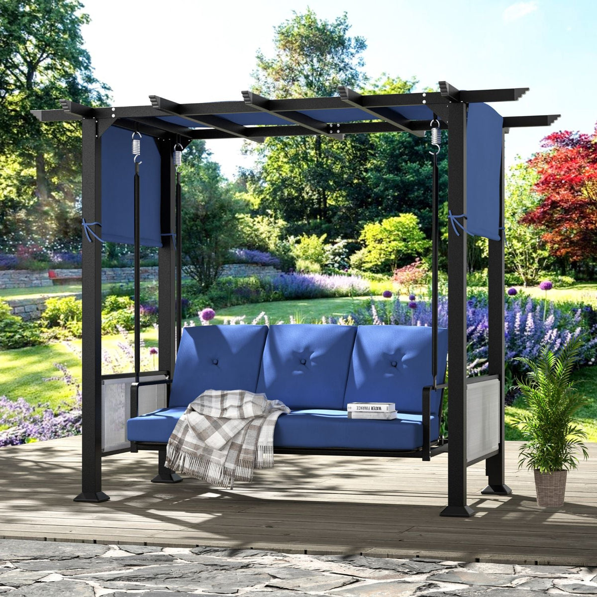 Pergola Swing Chair for 3. Outdoor Swing Bed with Cushions and Adjustable Curtains. 2-IN-1