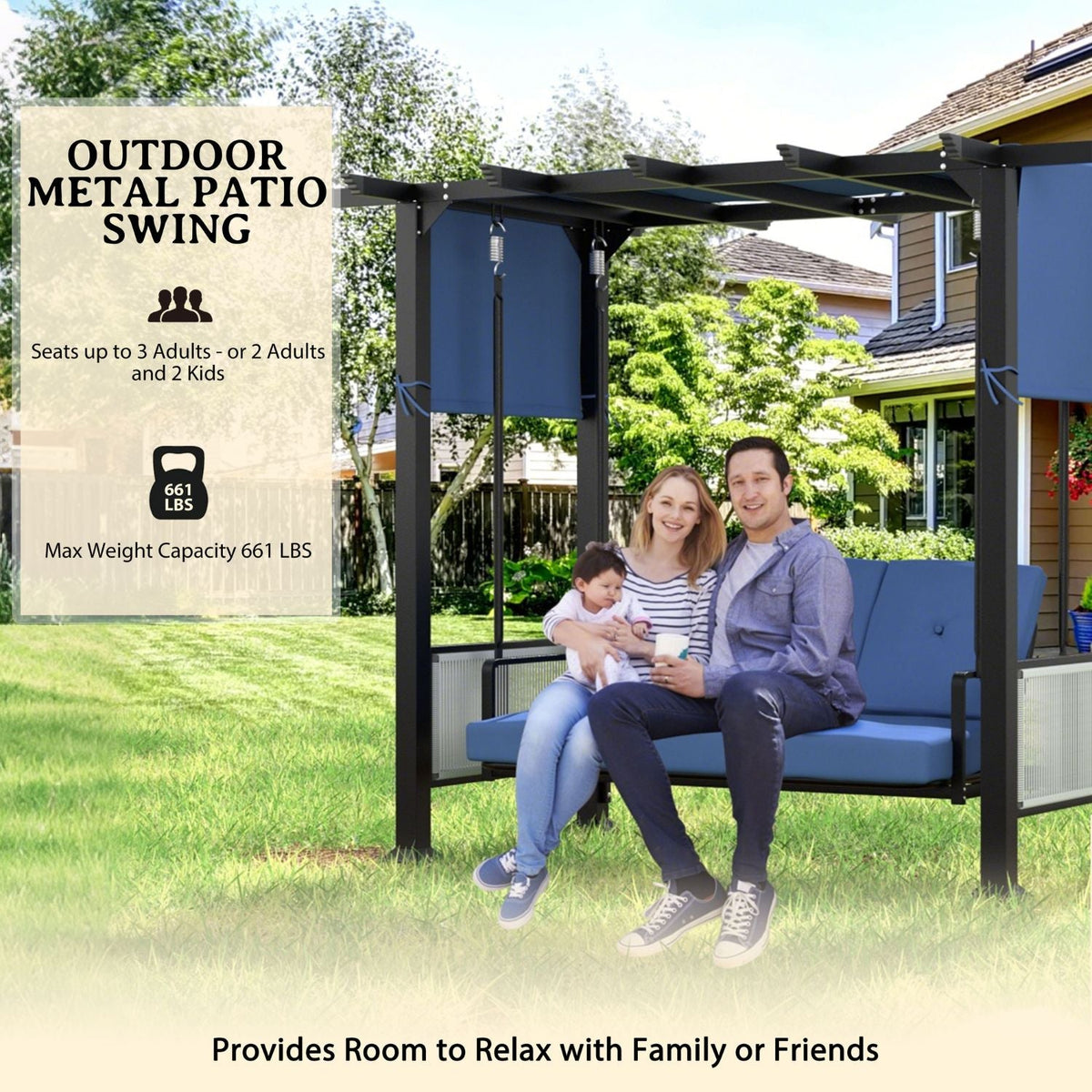 Pergola Swing Chair for 3. Outdoor Swing Bed with Cushions and Adjustable Curtains. 2-IN-1