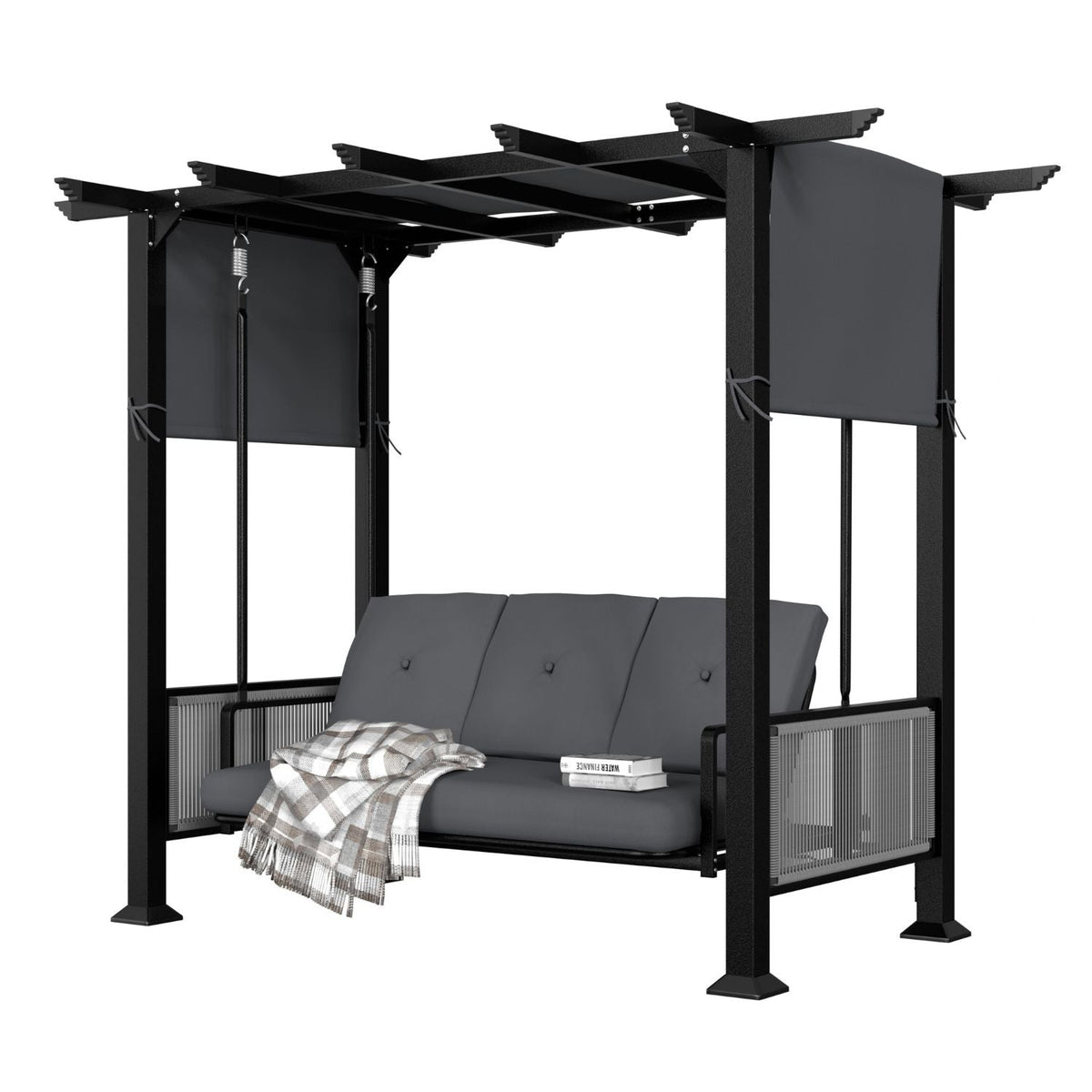Pergola Swing Chair for 3. Outdoor Swing Bed with Cushions and Adjustable Curtains. 2-IN-1
