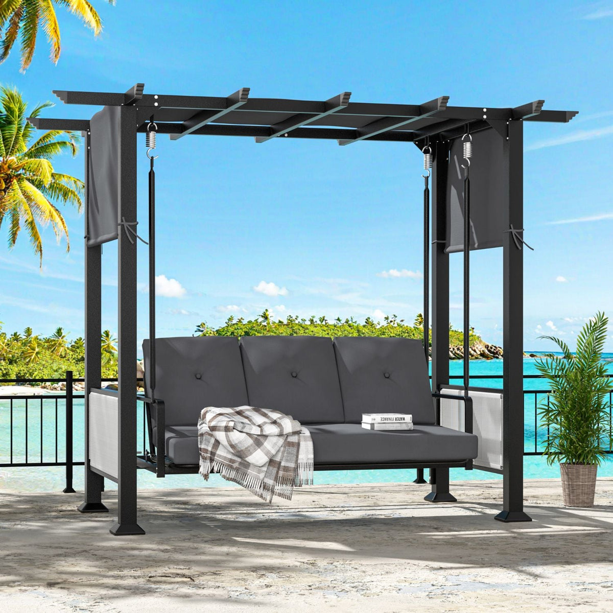 Pergola Swing Chair for 3. Outdoor Swing Bed with Cushions and Adjustable Curtains. 2-IN-1
