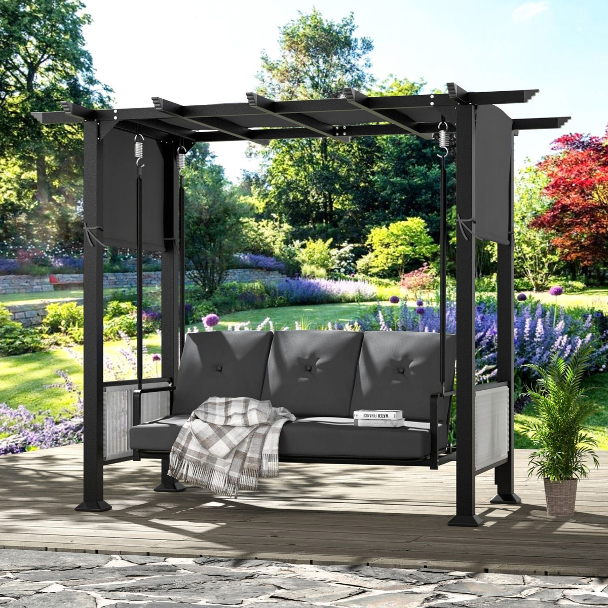 Pergola Swing Chair for 3. Outdoor Swing Bed with Cushions and Adjustable Curtains. 2-IN-1