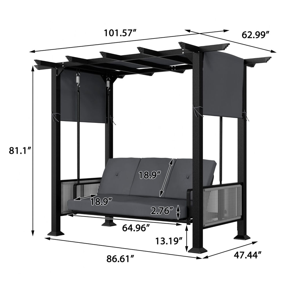 Pergola Swing Chair for 3. Outdoor Swing Bed with Cushions and Adjustable Curtains. 2-IN-1