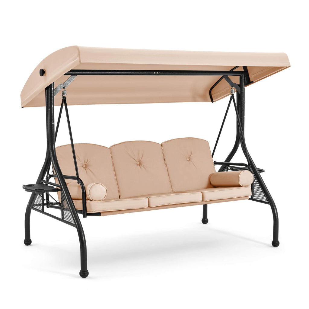3-Seat Outdoor Swing for a Porch with Adjustable Canopy. Backrest and 2 Side Trays. Khaki